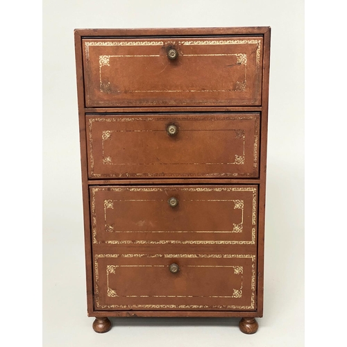 108 - LEATHER CHESTS, a pair, gilt 1970s tooled tan leather, each with two box drawers above a deep filing... 