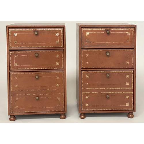 108 - LEATHER CHESTS, a pair, gilt 1970s tooled tan leather, each with two box drawers above a deep filing... 