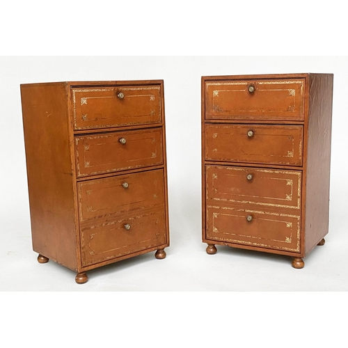 108 - LEATHER CHESTS, a pair, gilt 1970s tooled tan leather, each with two box drawers above a deep filing... 