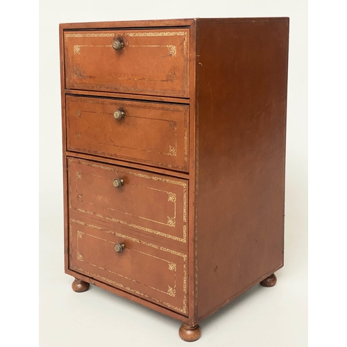 108 - LEATHER CHESTS, a pair, gilt 1970s tooled tan leather, each with two box drawers above a deep filing... 