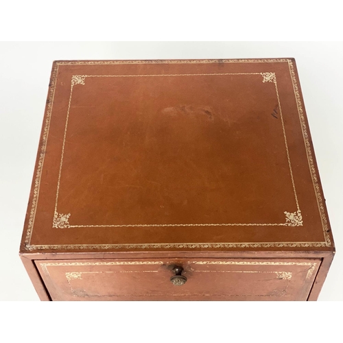 108 - LEATHER CHESTS, a pair, gilt 1970s tooled tan leather, each with two box drawers above a deep filing... 