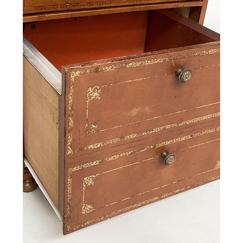 108 - LEATHER CHESTS, a pair, gilt 1970s tooled tan leather, each with two box drawers above a deep filing... 