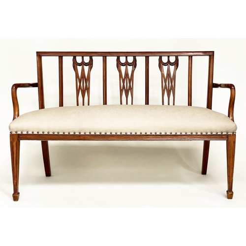 109 - HALL BENCH, George III design mahogany with pierced triple splat back and brass studded linen uphols... 