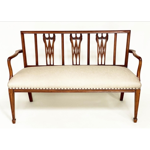 109 - HALL BENCH, George III design mahogany with pierced triple splat back and brass studded linen uphols... 