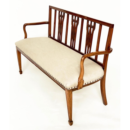 109 - HALL BENCH, George III design mahogany with pierced triple splat back and brass studded linen uphols... 