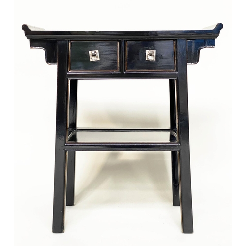 112 - CONSOLE TABLE, Chinese lacquered with two frieze drawers and silvered metal handles, 78cm x 38cm x 8... 