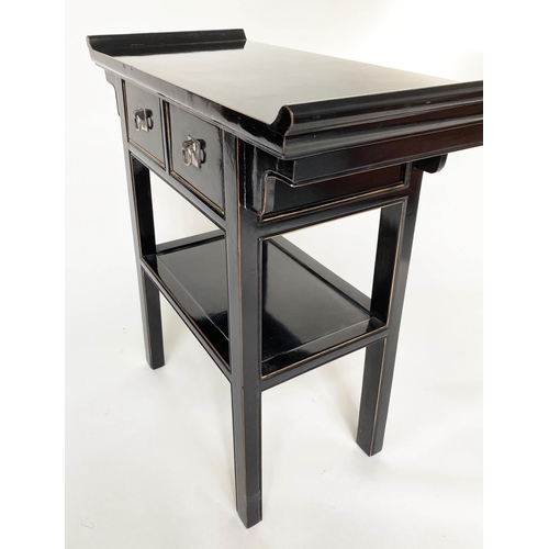 112 - CONSOLE TABLE, Chinese lacquered with two frieze drawers and silvered metal handles, 78cm x 38cm x 8... 