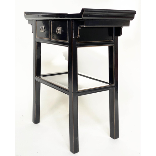 112 - CONSOLE TABLE, Chinese lacquered with two frieze drawers and silvered metal handles, 78cm x 38cm x 8... 