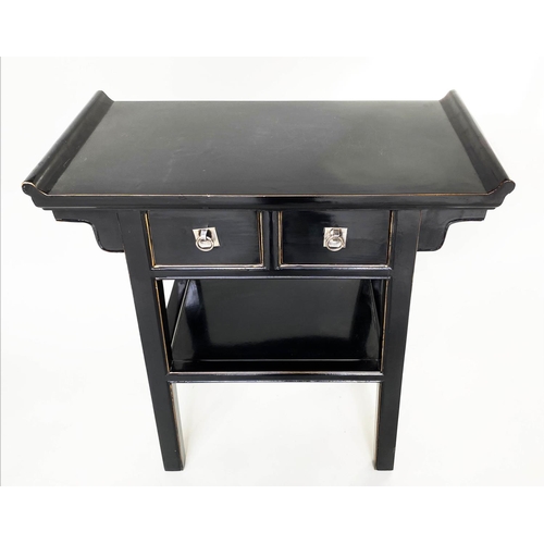 112 - CONSOLE TABLE, Chinese lacquered with two frieze drawers and silvered metal handles, 78cm x 38cm x 8... 