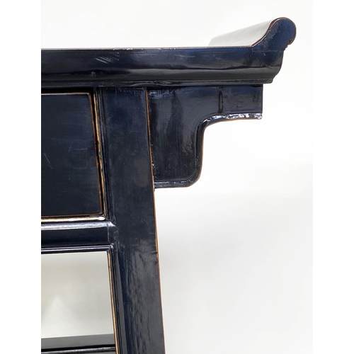 112 - CONSOLE TABLE, Chinese lacquered with two frieze drawers and silvered metal handles, 78cm x 38cm x 8... 