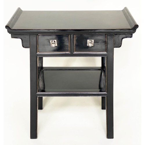 112 - CONSOLE TABLE, Chinese lacquered with two frieze drawers and silvered metal handles, 78cm x 38cm x 8... 