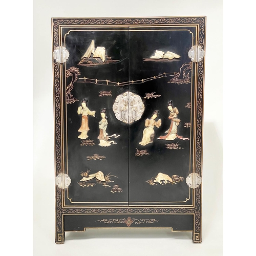 114 - CHINESE SIDE CABINET, Chinese black lacquered and gilt Chinoiserie decorated with two doors and silv... 