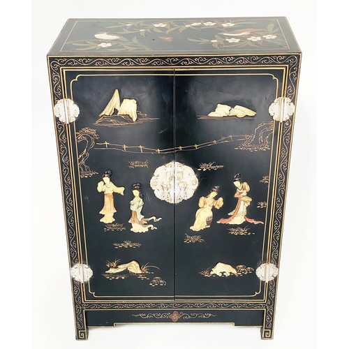 114 - CHINESE SIDE CABINET, Chinese black lacquered and gilt Chinoiserie decorated with two doors and silv... 