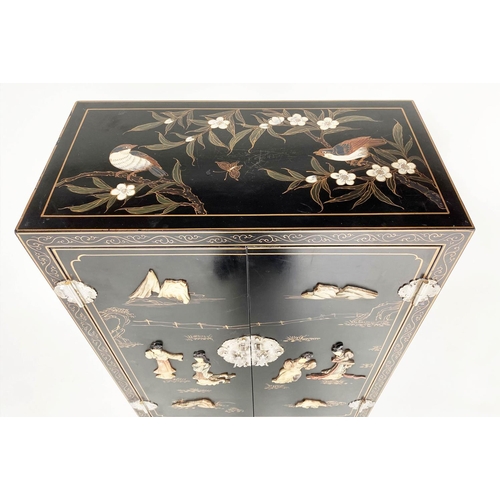 114 - CHINESE SIDE CABINET, Chinese black lacquered and gilt Chinoiserie decorated with two doors and silv... 