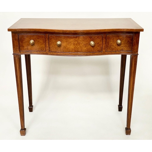 116 - HALL TABLE, George III design burr walnut and crossbanded of serpentine outline with three frieze dr... 