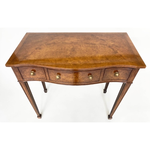 116 - HALL TABLE, George III design burr walnut and crossbanded of serpentine outline with three frieze dr... 