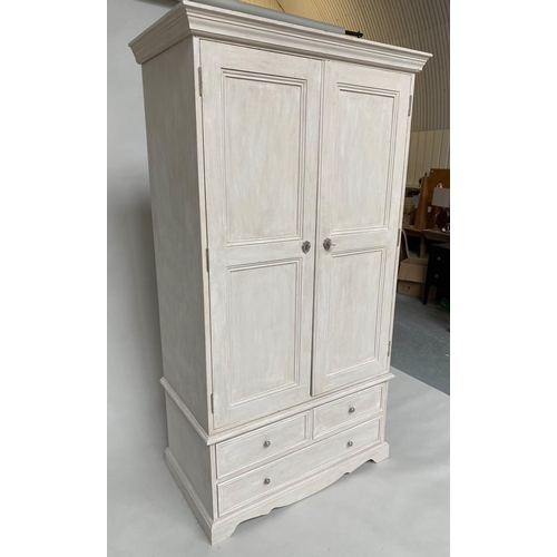 117 - ARMOIRE, French style grey painted with two panelled doors enclosing full height hanging space above... 