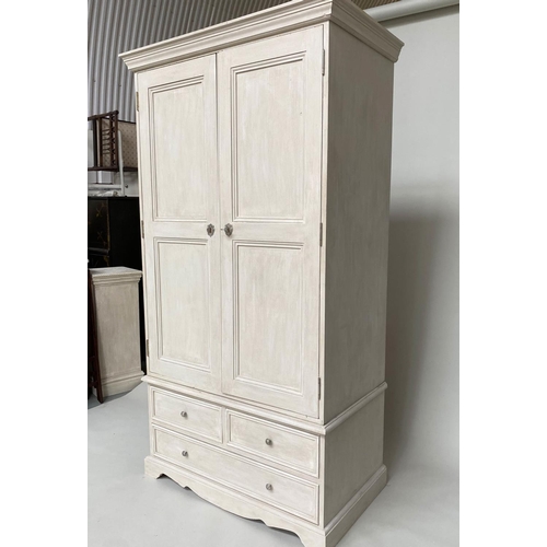 117 - ARMOIRE, French style grey painted with two panelled doors enclosing full height hanging space above... 