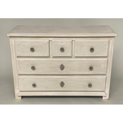 119 - COMMODE BY GRANGE, French Provincial style traditionally grey painted solid oak with three long pane... 