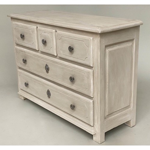 119 - COMMODE BY GRANGE, French Provincial style traditionally grey painted solid oak with three long pane... 