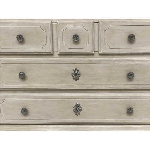 119 - COMMODE BY GRANGE, French Provincial style traditionally grey painted solid oak with three long pane... 