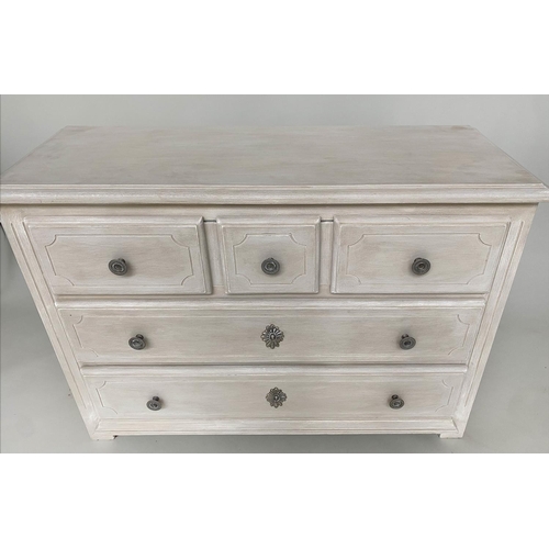 119 - COMMODE BY GRANGE, French Provincial style traditionally grey painted solid oak with three long pane... 