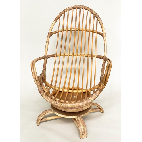 120 - TERRACE/VERANDAH ARMCHAIR, mid 20th century rattan framed and cane bound revolving and reclining (ro... 