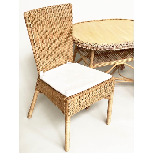 124 - CONSERVATORY TABLE AND CHAIRS, a pair, rattan framed and cane panelled with seat cushions and an ova... 