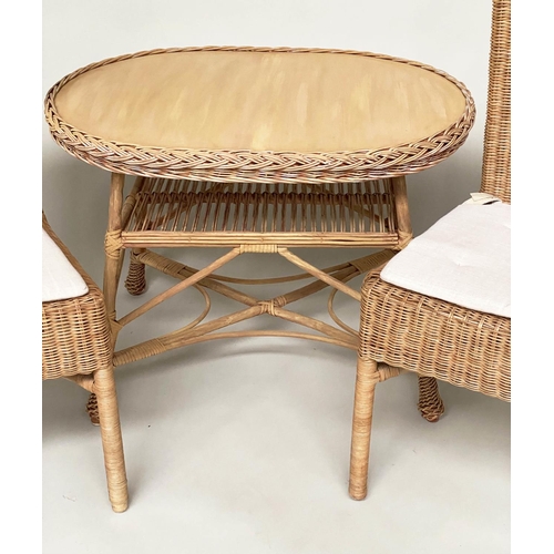 124 - CONSERVATORY TABLE AND CHAIRS, a pair, rattan framed and cane panelled with seat cushions and an ova... 