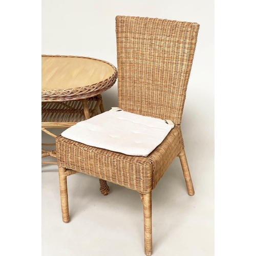 124 - CONSERVATORY TABLE AND CHAIRS, a pair, rattan framed and cane panelled with seat cushions and an ova... 