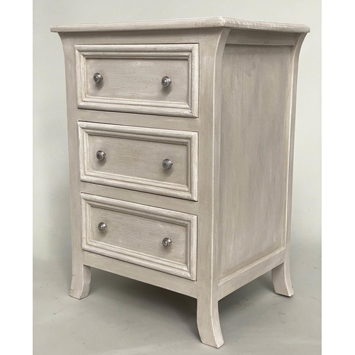 125 - BEDSIDE CHESTS, a pair, French style traditionally grey painted each with three drawers, 51cm W x 40... 