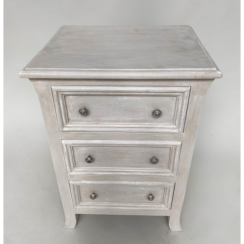 125 - BEDSIDE CHESTS, a pair, French style traditionally grey painted each with three drawers, 51cm W x 40... 