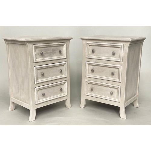 125 - BEDSIDE CHESTS, a pair, French style traditionally grey painted each with three drawers, 51cm W x 40... 