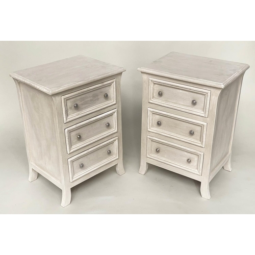 125 - BEDSIDE CHESTS, a pair, French style traditionally grey painted each with three drawers, 51cm W x 40... 