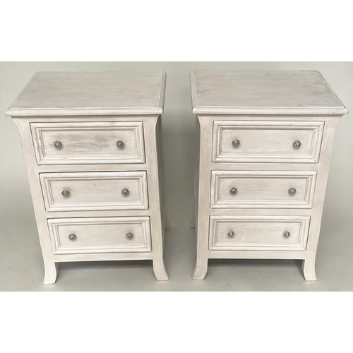 125 - BEDSIDE CHESTS, a pair, French style traditionally grey painted each with three drawers, 51cm W x 40... 