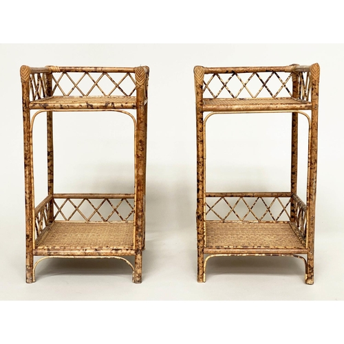 130 - BAMBOO LAMP TABLES, a pair, woven cane panelled each with two tiers, 31cm x 31cm x 56cm. (2)