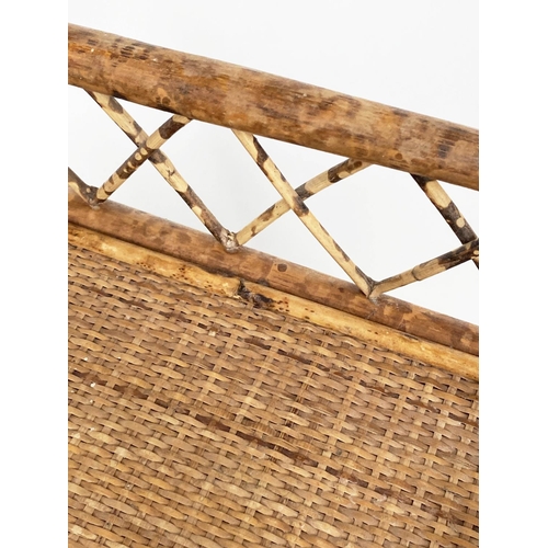 130 - BAMBOO LAMP TABLES, a pair, woven cane panelled each with two tiers, 31cm x 31cm x 56cm. (2)