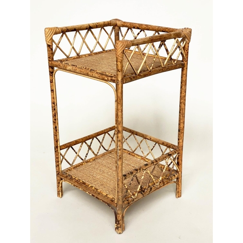 130 - BAMBOO LAMP TABLES, a pair, woven cane panelled each with two tiers, 31cm x 31cm x 56cm. (2)