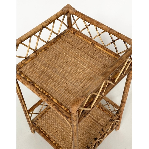 130 - BAMBOO LAMP TABLES, a pair, woven cane panelled each with two tiers, 31cm x 31cm x 56cm. (2)