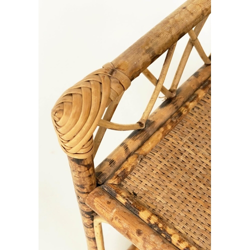 130 - BAMBOO LAMP TABLES, a pair, woven cane panelled each with two tiers, 31cm x 31cm x 56cm. (2)