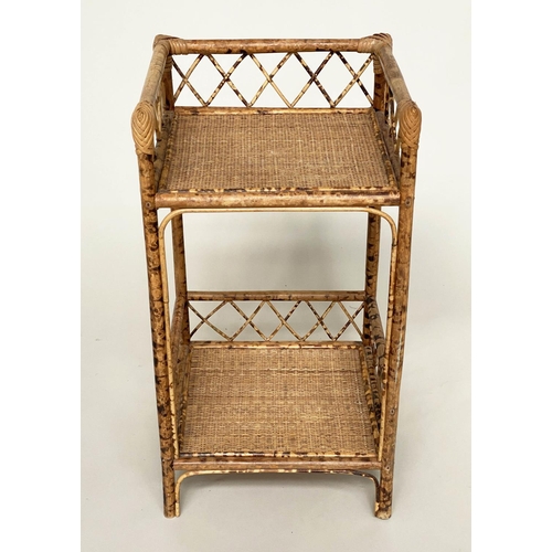 130 - BAMBOO LAMP TABLES, a pair, woven cane panelled each with two tiers, 31cm x 31cm x 56cm. (2)