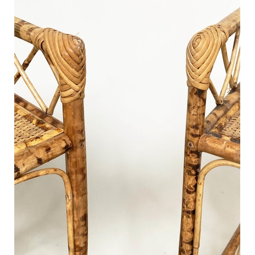 130 - BAMBOO LAMP TABLES, a pair, woven cane panelled each with two tiers, 31cm x 31cm x 56cm. (2)