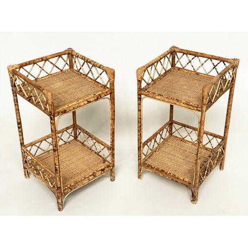 130 - BAMBOO LAMP TABLES, a pair, woven cane panelled each with two tiers, 31cm x 31cm x 56cm. (2)