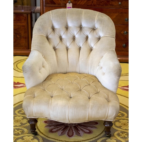 178 - ARMCHAIR, 85cm H x 75cm W, Victorian walnut, in fawn velour, on ceramic castors, serial numbers to b... 