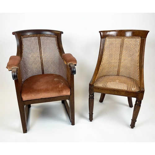 179 - LIBRARY BERGERES, two similar, circa 1825 George IV mahogany and caned, one with velvet drop in seat... 