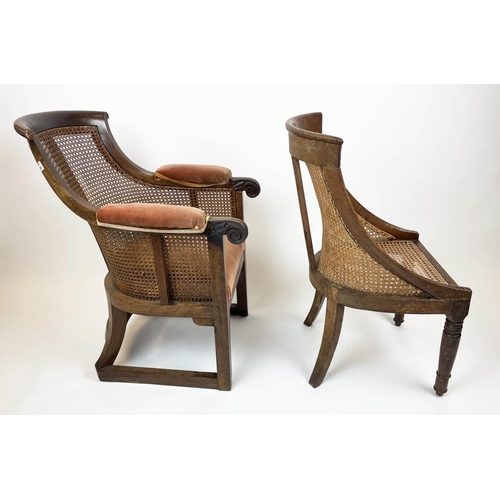 179 - LIBRARY BERGERES, two similar, circa 1825 George IV mahogany and caned, one with velvet drop in seat... 