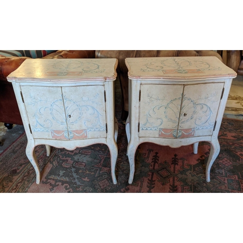 182 - BEDSIDE CABINETS, a pair, each 62cm W x 38cm D x 85cm H, from Tatinana Tafur, painted detail distres... 