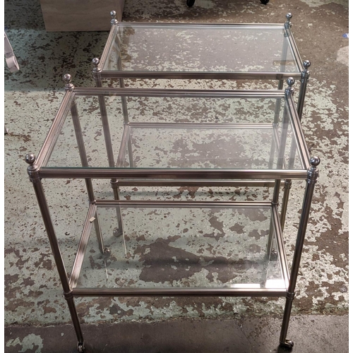 188 - MAISON JANSEN STYLE OCCASIONAL TABLES, a pair, of two-tier, rectangular form, glass surfaces, steel ... 