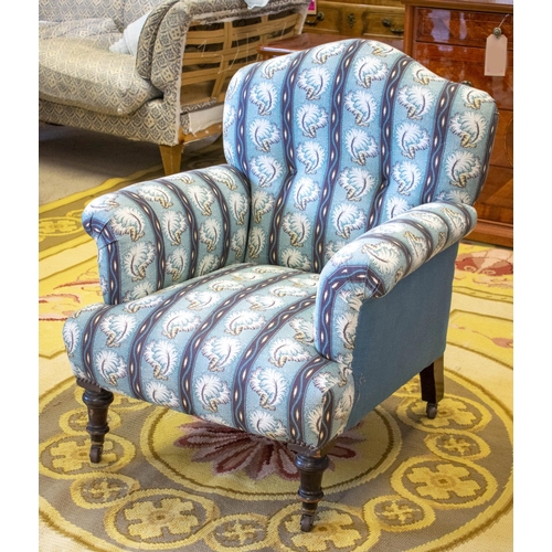 190 - ARMCHAIR, 88cm H x 78cm W, Victorian blue and feather striped upholstery on ceramic castors, stamped... 