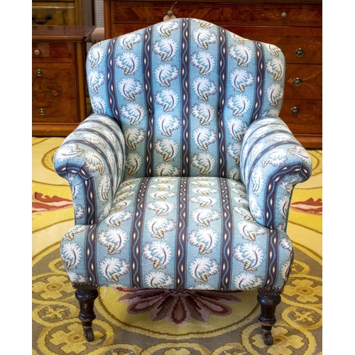 190 - ARMCHAIR, 88cm H x 78cm W, Victorian blue and feather striped upholstery on ceramic castors, stamped... 